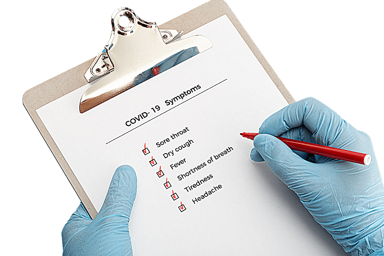 Gloved hands holding COVID-19 symptom checklist
